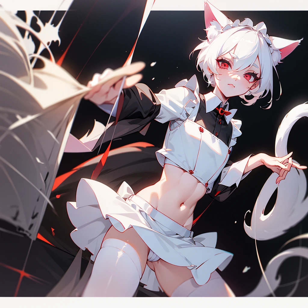 Cute, white hair, red eyes, pale skin, white eyelashes, boy, male, Femboy, maid dress, maid porn, cat ears, cat tail, no underwear, anime, hentai, porn, short skirt, crop top.