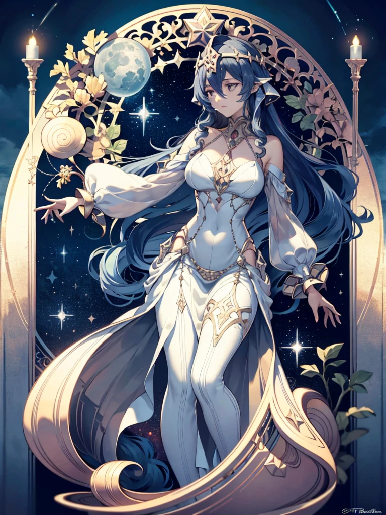 European woman, full body lesbian, Flower frame, Decorative panels, abstract artistic, Alphonse Mucha (tmasterpiece, best qualtiy, A high resolution: 1.4), A detailed, Complicated details, 4K, Color splattering, Line art, Fibonacci, starrysky, natta, exteriors, Clouds, Reflectors, Eau, magick, (tarot cards),Cards, Water magic, sorceress woman, ((beautiful golden crystal star)) buliding, palaces, Patterned, Sumeru, Clouds, themoon white and long hair, dark pink eyes