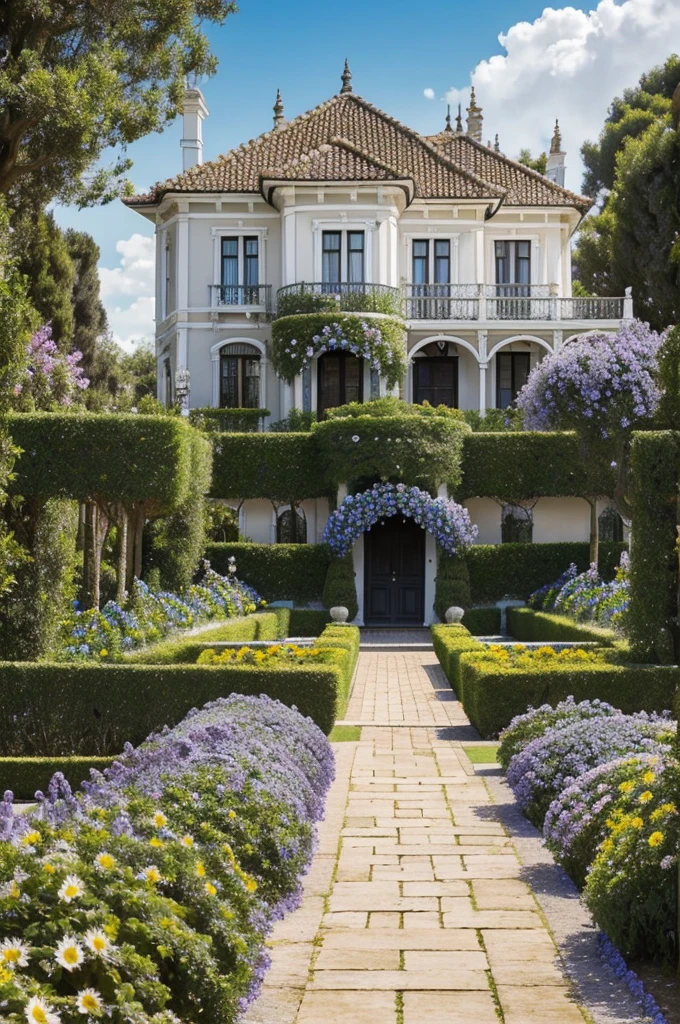 A Victorian-era mansion, de colores beige, azul y blanco, que sea grande, magnanimous, y con jardines hermosos llenos de flores; camelias, violetas, girasoles brillantes, Within the extensive land there is a strawberry plantation, there are also female knights