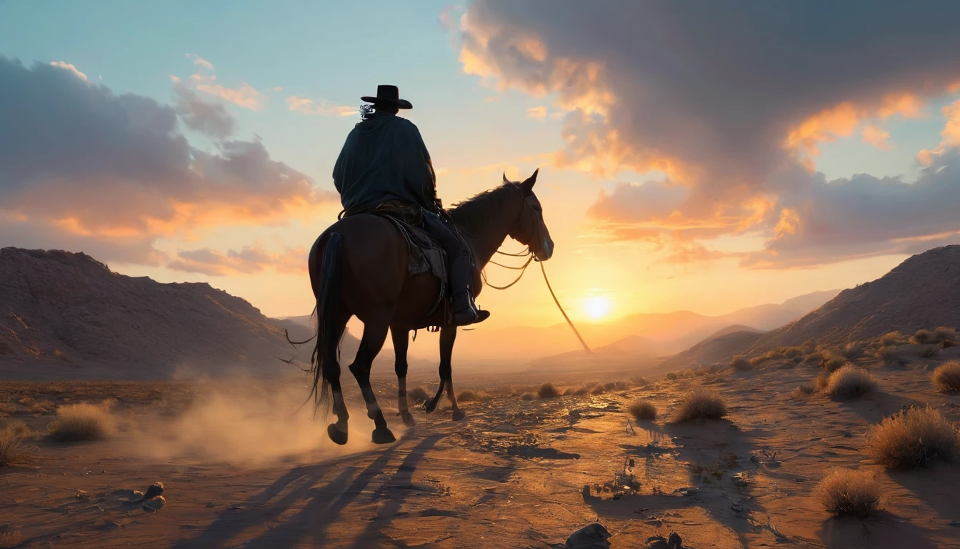 Show a solitary rider on horseback, walking on a desert hill at sunset.
- The rider should be dressed in simple, traditional clothes, and mounted on a sturdy horse.
- The hill should have a sandy and rugged texture, typical of a desert.
- The sky should be partly cloudy, with scattered clouds reflecting the colors of the sunset.
- The sunset light should be soft, creating a golden effect that dramatically illuminates the scene.
- Include a warm color palette with shades of orange, yellow, and brown, mixed with the soft blue of the sky.
- The composition should emphasize the vastness of the desert, with the rider appearing small in comparison to the landscape.
- Capture an atmosphere of tranquility and solitude, with a sense of gentle movement, as if the horse is walking slowly.
- The image should have a cinematic style, with attention to detail in lighting and shadows to create a realistic effect.
- Do not include green or lush vegetation.
- Avoid adding any modern human structures like buildings or roads.
- Do not use cool colors like blue predominantly in the image.
- Do not include more characters or figures, keep the focus on the solitary rider.
- Avoid a fully cloudy or rainy sky.
- Do not add additional creatures or animals in the scene.
- Do not use a cartoonish or simplified style, maintain realism and detail.