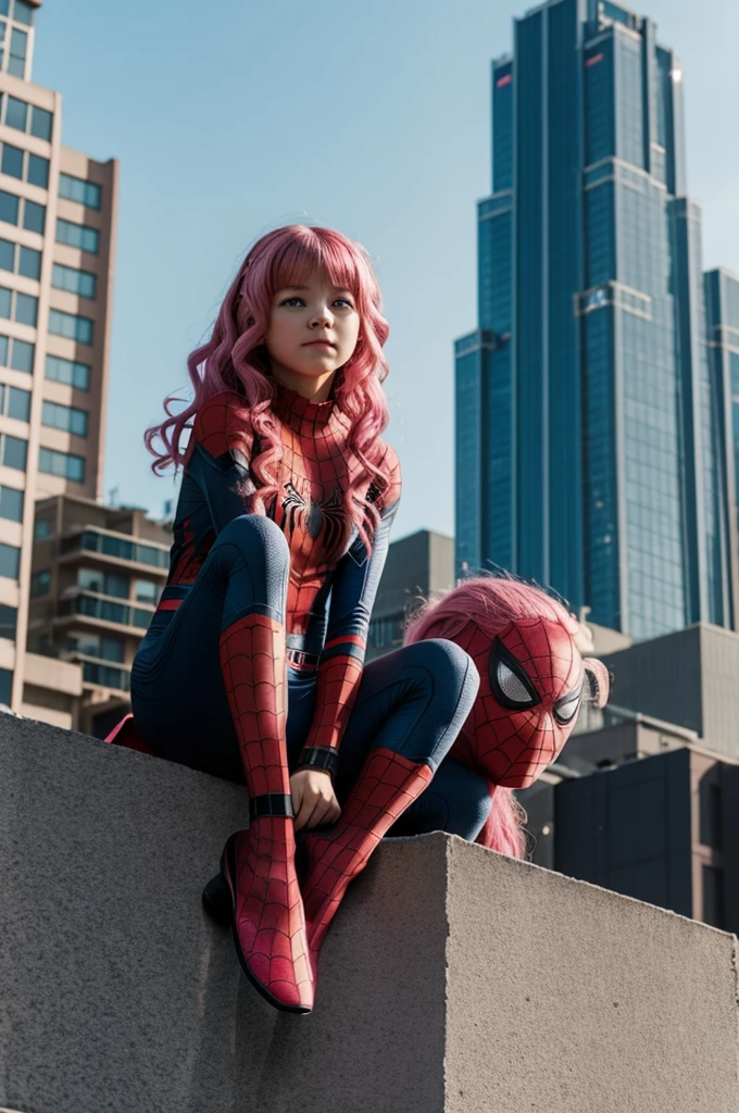 Photo of a young girl wearing a Spider-Man costume.,no mask,pink hair,sitting on a tall building