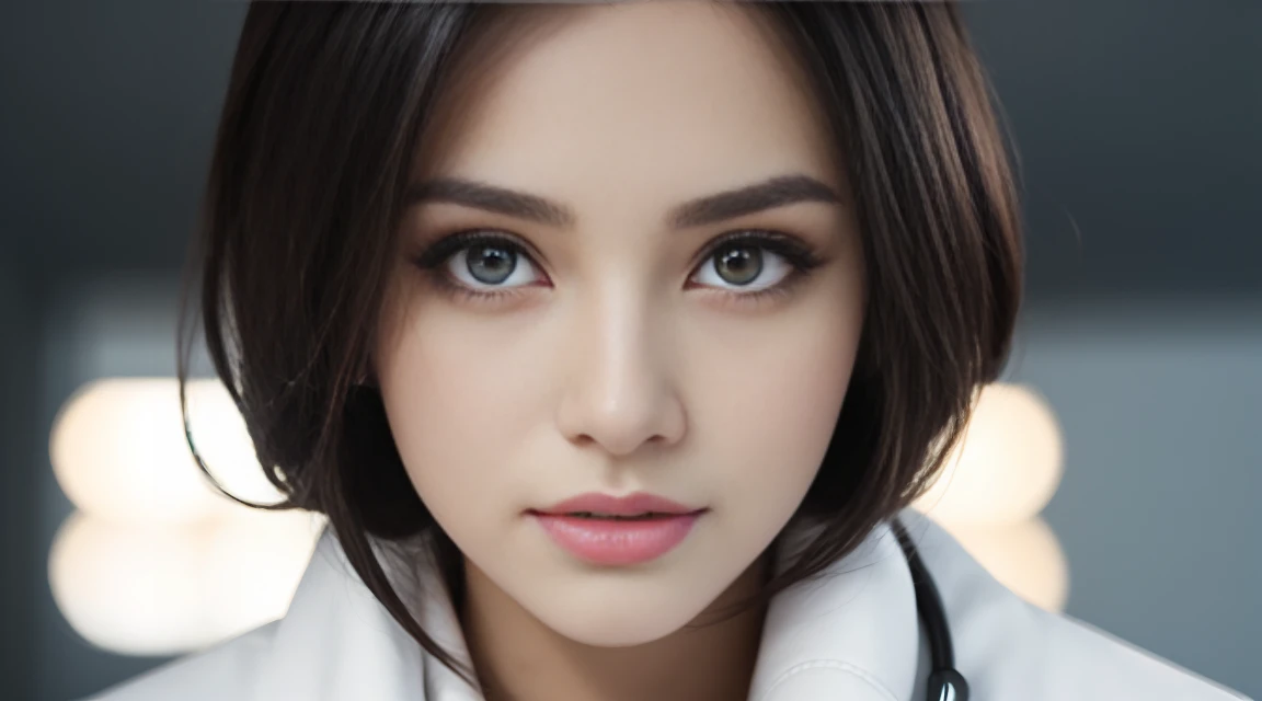 Beautiful female doctor in white coat, stethoscope around neck, full body, hospital examination white room, sitting cross-legged on office chair, thighs peeking out from white coat, black stockings, computer and keyboard on desk, (Excellent photograph, Best picture quality, High resolution: 1. 4), detail, extreme color, (Beautiful face) Ambient Soft Lighting, 4K, Bokeh, Background Blur, Depth of Field, Bokeh, Free Viewpoint, Photography, Attractive Young Woman, (Beautiful Face: 1.1), Narrow Eyes, Luscious Lips, (Smoky Eye Makeup: 0.85), (Moody Lighting: 1.2), Depth of Field, Bokeh, 4K, HDR.