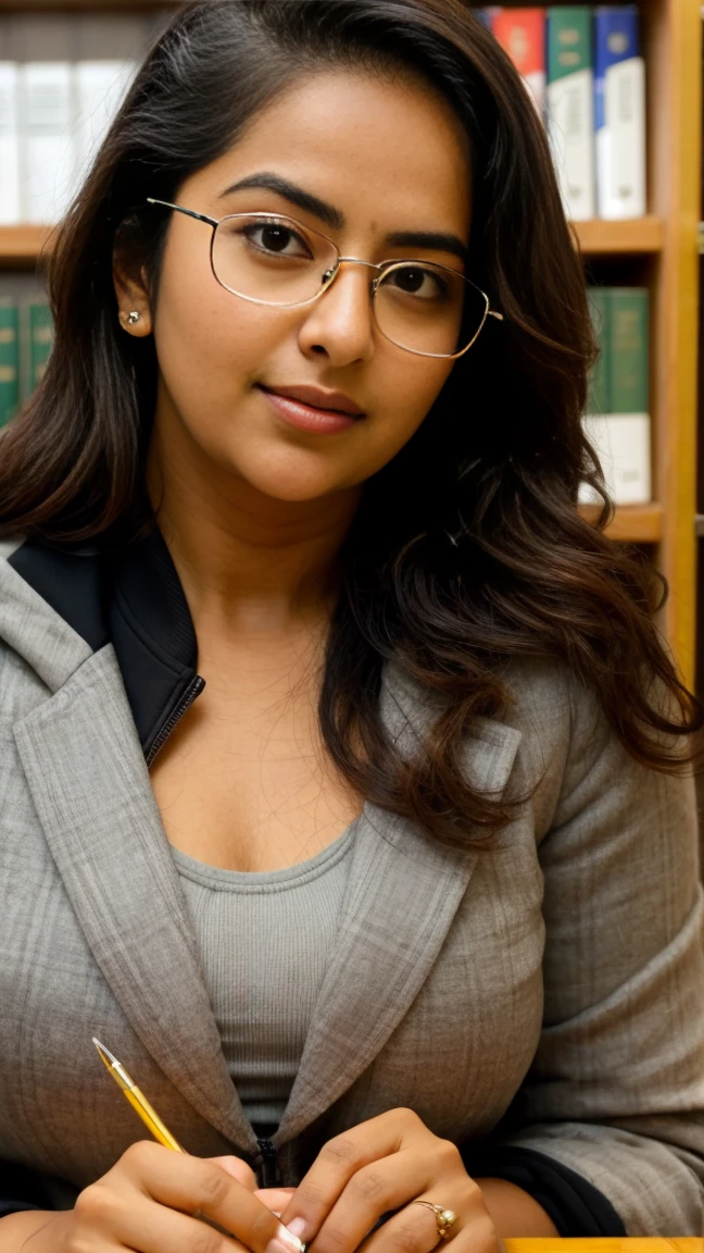 extreme closeup photo of ntg avika gor seductive look, deep cleavage, studying in library, nerd glasses, open jacket,