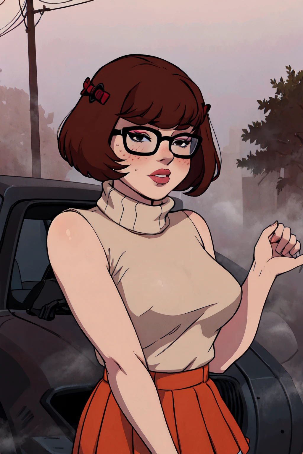 1girl, Velma from scooby-doo, solo, skinny, brown hair, black eyes, square glasses, orange turtleneck blouse and red skirt,  eyeliner, looking at viewer, lips, black bob cut, blunt bangs, blush, standing, upper body, face focus, outdoors, horror \(theme\), night, fog egirlmakeup, sitting on the red car