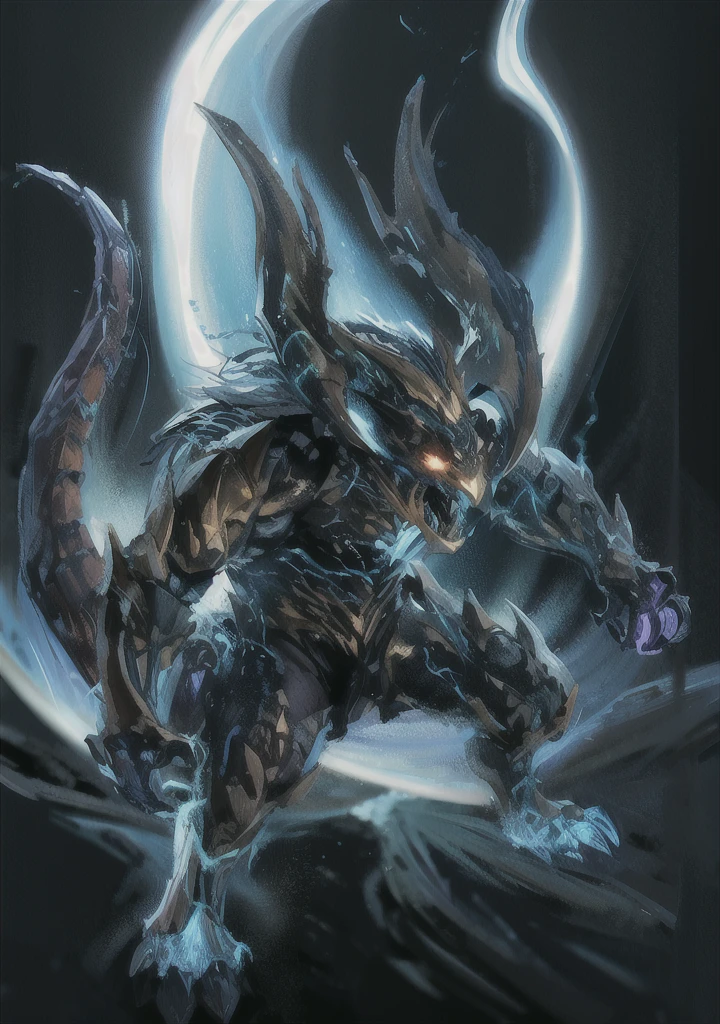 A lightning demon radiating electricity, roaring, zinogre, ifrit, manticore, horns, tail, fur,