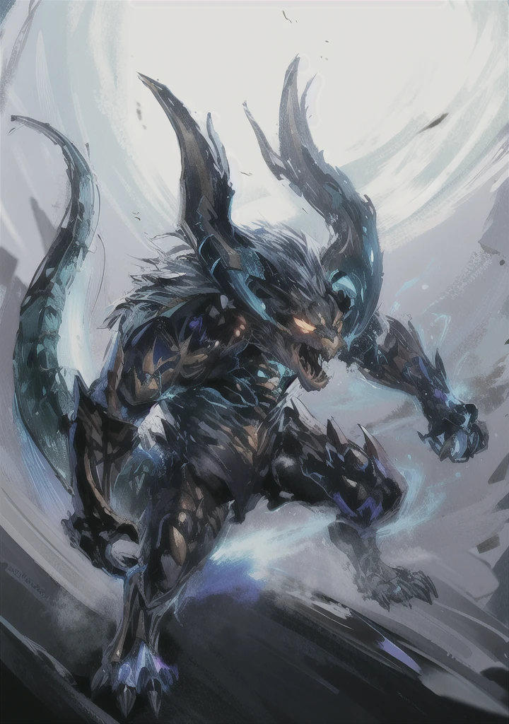A lightning demon radiating electricity, roaring, zinogre, ifrit, manticore, horns, tail, fur,