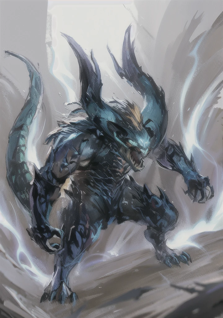 A lightning demon radiating electricity, roaring, zinogre, ifrit, manticore, horns, tail, fur,