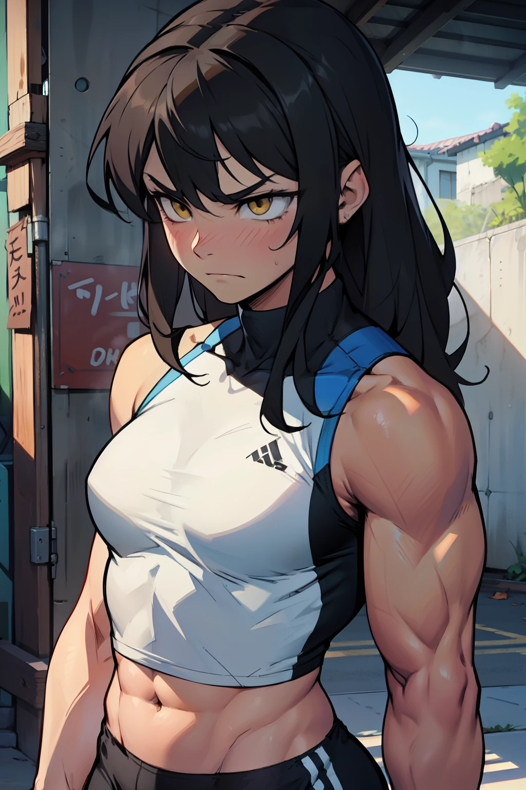 muscular girl small breasts thick thick thick thick thick black hair yellow eyes pale skin disappointed sad frown athletic female