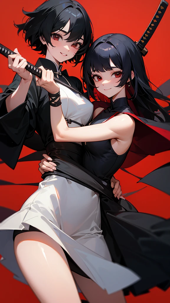 Masterpiece, two women, sixpack, katana, black hair, smile, cute, dress, long hair, short hair, black eyes and red eyes