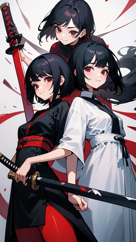 Masterpiece, two women, sixpack, katana, black hair, smile, cute, dress, long hair, short hair, black eyes and red eyes