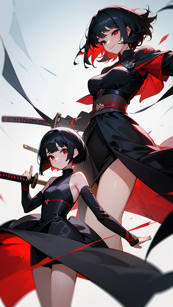 Masterpiece, two women, sixpack, katana, black hair, smile, cute, dress, long hair, short hair, black eyes and red eyes