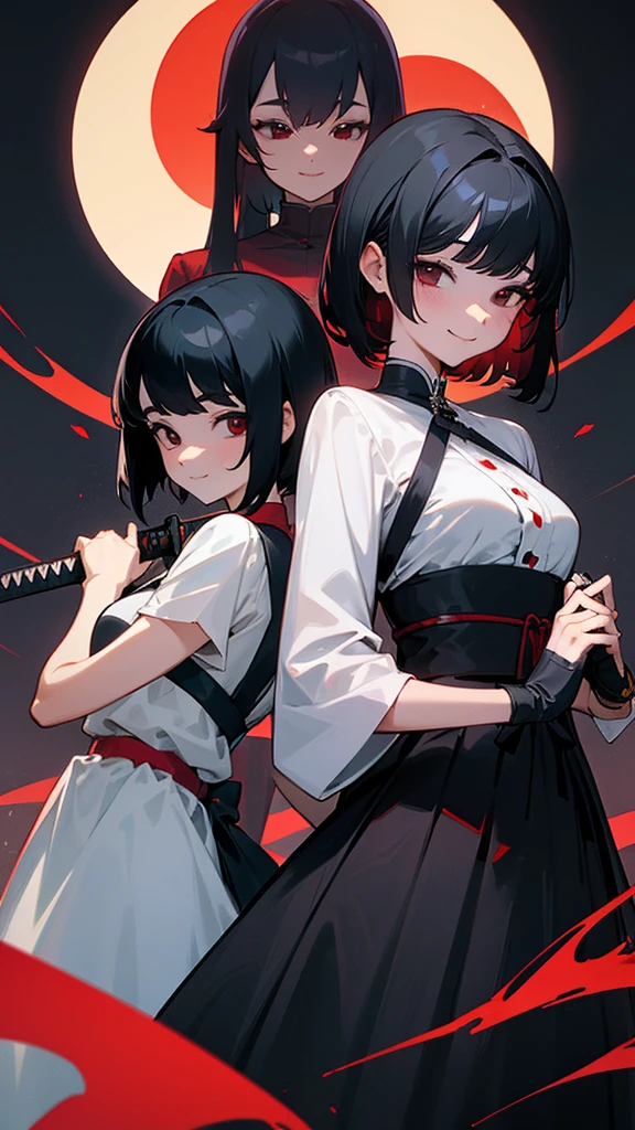 Masterpiece, two women, sixpack, katana, black hair, smile, cute, dress, long hair, short hair, black eyes and red eyes