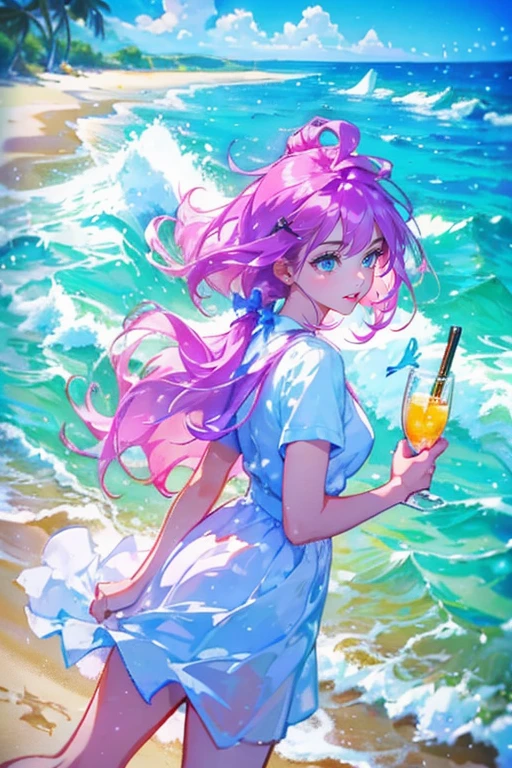 1girl,solo,cute,hold a glass,Fizzy Soda,lots of bubbles,pink and yellow and blue,bright background,water splashes,in the beach,brilliant sea