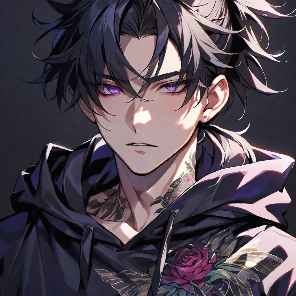 solo, handsome, Glossy feel,
1. male,
bangs,Straight Hair, ponytail, 
black hair, 
Izuku Midoriya,
purple Eyes,Soft look,beautiful,beautiful,Sexy,Darkness,butterfly Tattoo,Black Rose Tattoo,
black オーバーサイズ hoodie,clavicle,
skin,Black Rose,Alluring,
black  background,Close-up,