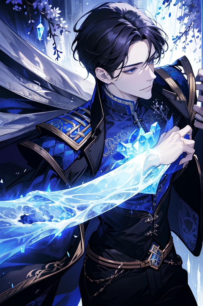 (absurdres, highres, ultra detailed), 1 male, adult, 28 years, handsome, tall muscular guy, broad shoulders, finely detailed eyes, dark color hair, fantasy, complex pattern, detailed face, throne, magic effect, best ratio four finger and one thumb, ice, bitter cold, cold snap, smile, (dutch angle), closed mouth