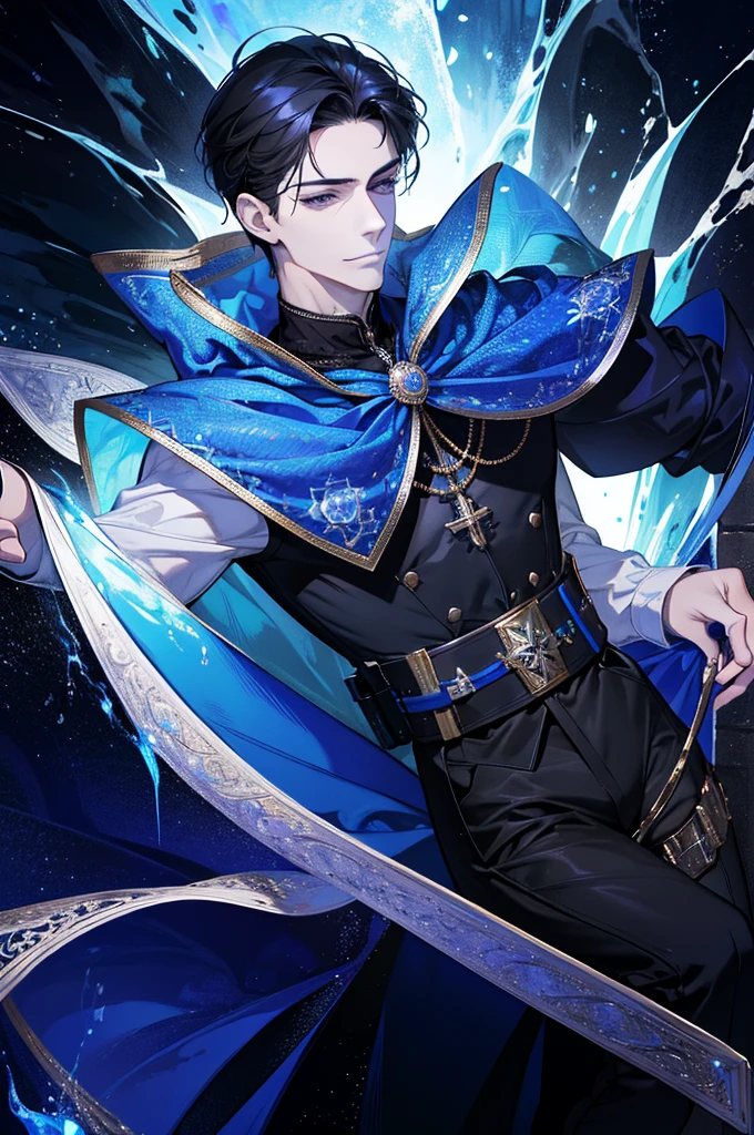 (absurdres, highres, ultra detailed), 1 male, adult, 28 years, handsome, tall muscular guy, broad shoulders, finely detailed eyes, dark color hair, fantasy, complex pattern, detailed face, throne, magic effect, best ratio four finger and one thumb, ice, bitter cold, cold snap, smile, (dutch angle), closed mouth