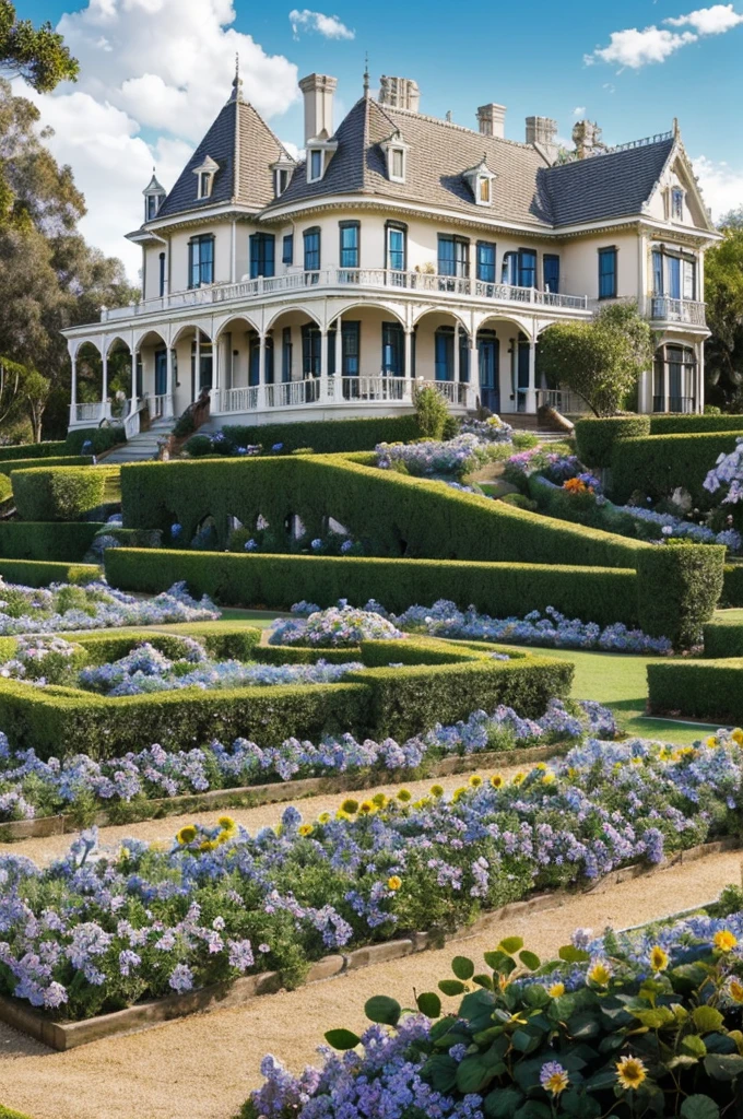 A Victorian-era mansion, de colores beige, azul y blanco, que sea grande, magnanimous, y con jardines hermosos llenos de flores; camelias, violetas, girasoles brillantes, Within the extensive land there is a strawberry plantation, there are also female knights