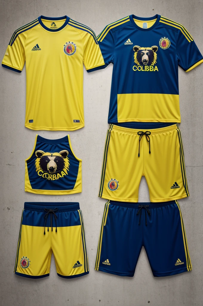 Colombia national team t-shirt and shorts set with Adidas and details of the spectacled bear in yellow