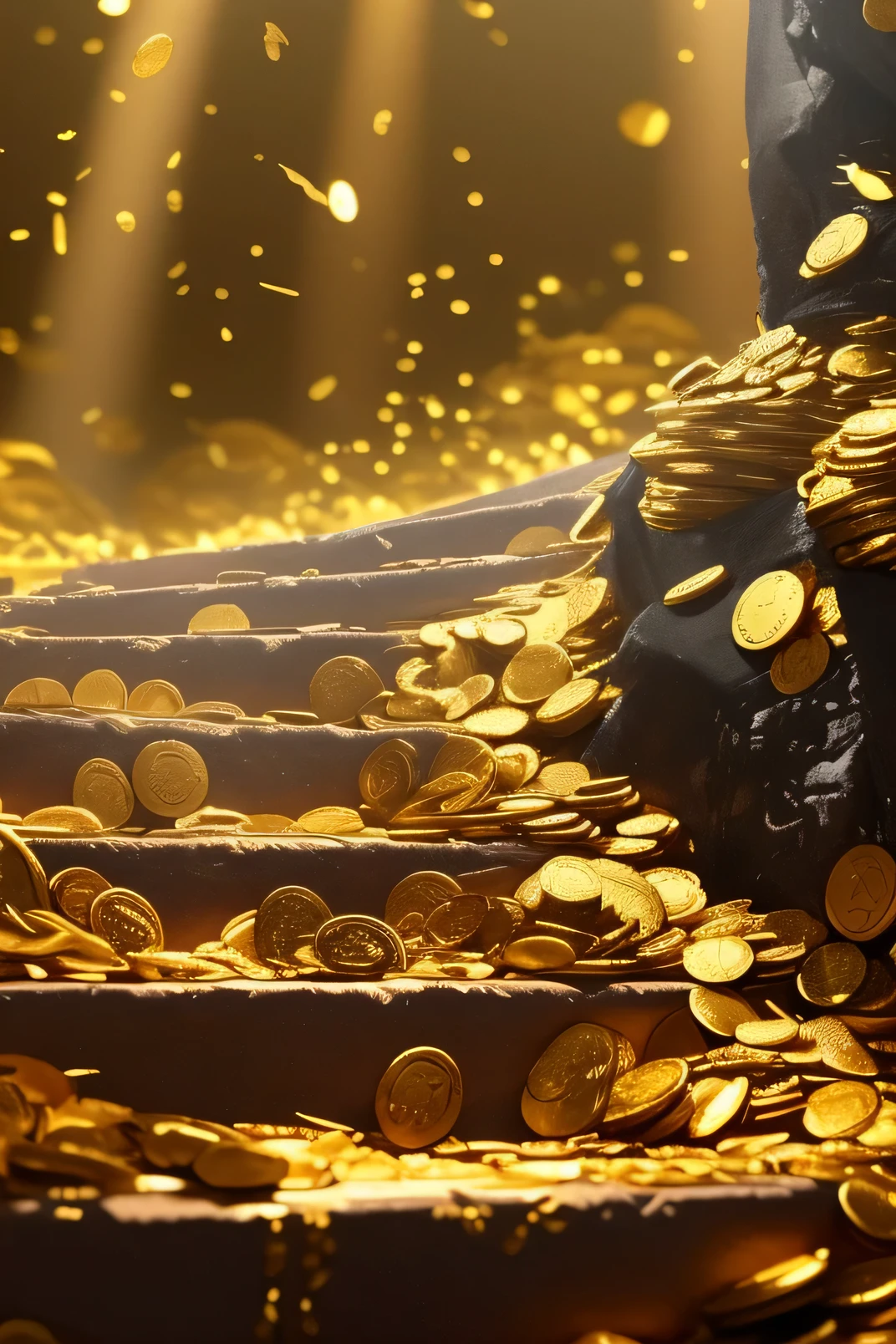 Close-up of the stairs,Coins fell from the stairs, shrouded in a swarm of gold, scattered gold coins, gold and treasure, with many gold coins, piles of gold coins, lord of the rings aesthetic, sitting on a pile of gold coins, gold coins, Complex and epic composition, Rivendell Epic Fantasy, Golden spark, 🚀🚀🚀