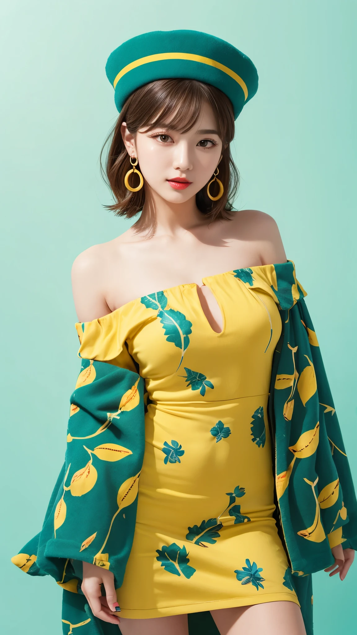 A woman in a yellow dress and green hat posing for a photo - SeaArt AI