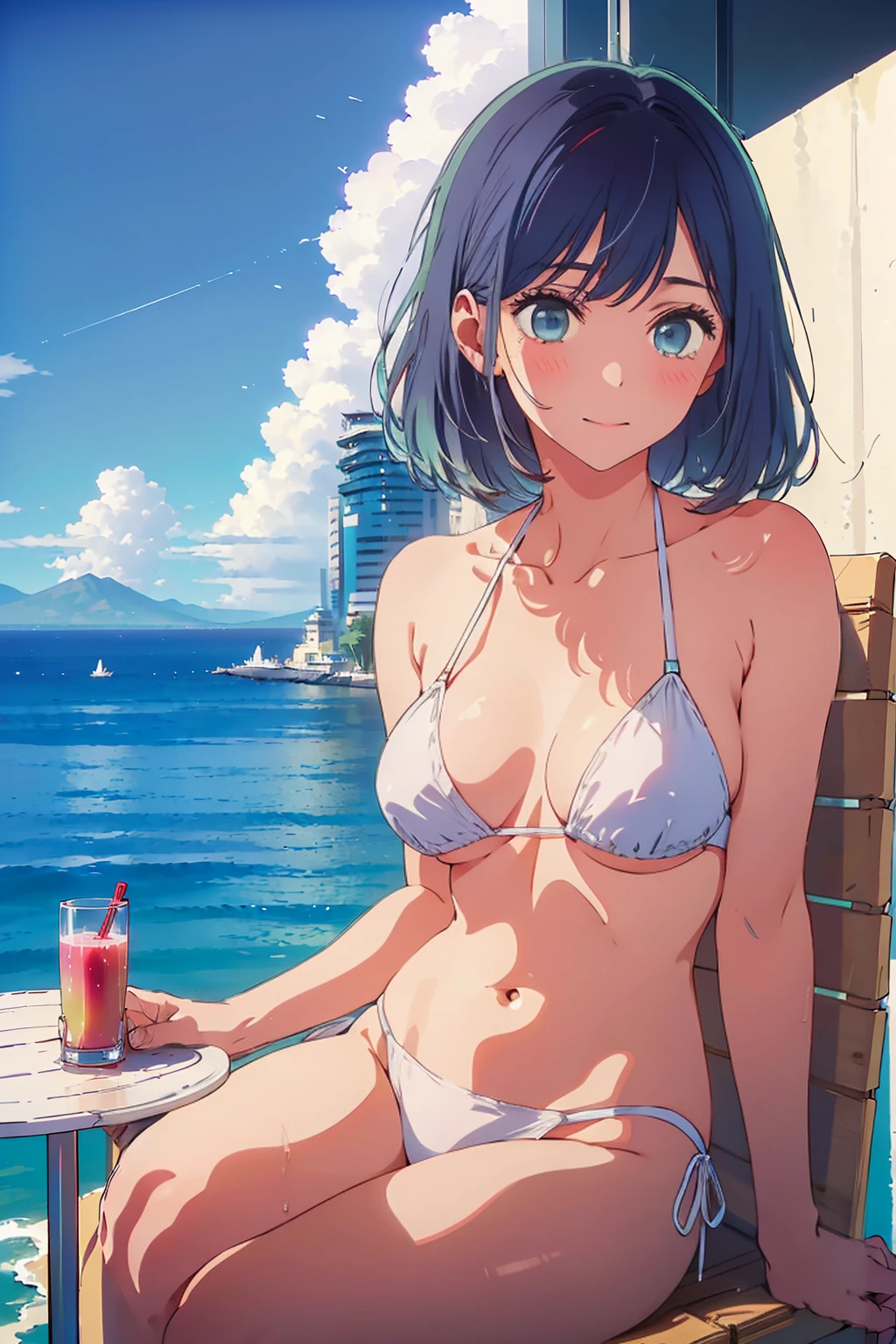 Highest quality,8k,detailed,F cup bust、Big Breasts、Slim and beautiful arms、Slim body、Very white beautiful skin、((((1 person、smile、Swimwear、She is wearing a white side-string high-leg bikini、smile、sit、Leaning back in a chair、In the background are the urban buildings of Tokyo、Outdoor café terrace、coastal、table、Navy hair color、Cheek resting on hand、juice、Very cute face))))、Sexy pose、Sexy belly、Very blue sky、A completely cloudless sky、She tilted her head slightly、The atmosphere is bright and lively、The woman is at the center of the image。