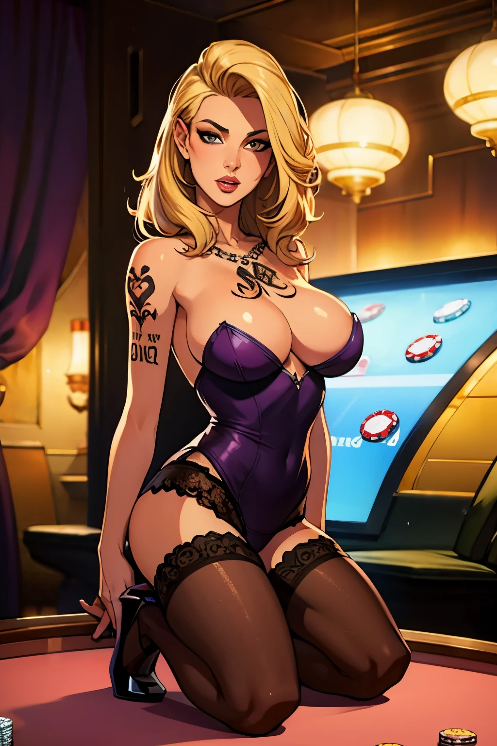 La mujer, camarera, waitress, medias, stockings, tacones, hig heels, casino al fondo, muy detallado, Realistic long-term photography., 4k, pelo largo, blonde hair, pelo rubio, By the chestnut, labios rosas, tatuaje, tatoo, leg tatoo, sexy,pink lips, grey eyes,ojos grises, big breasts, pechos grandes, breasts, BlackRealStockings