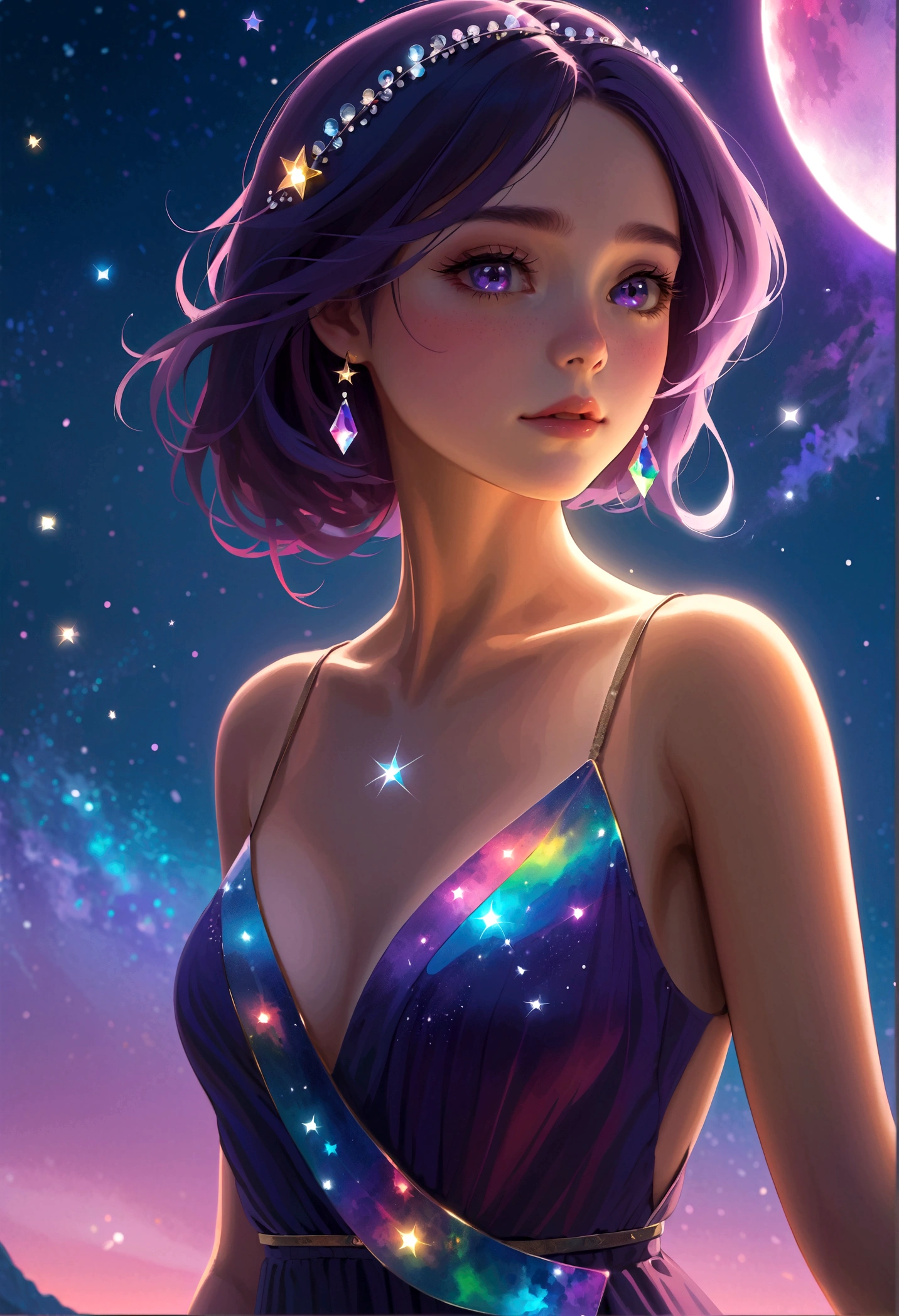 masterpiece, Cute girl, Break, Purple evening dress, High detail face, whole body, glare, Rainbow Colors, Global Illumination, Soft Light, Light of Dreams, number, 8K Close-up, fantasy, Night Sky, Star, nebula, White crystal, moonlight, peaceful, summer, (8K:1.1)