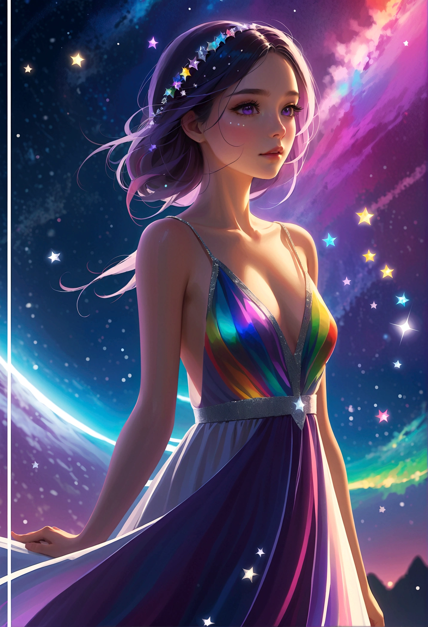 masterpiece, Cute girl, Break, Purple evening dress, High detail face, Upper Body, glare, Rainbow Colors, Global Illumination, Soft Light, Light of Dreams, number, 8K Close-up, fantasy, Night Sky, Star, nebula, White crystal, moonlight, peaceful, summer, (8K:1.1)