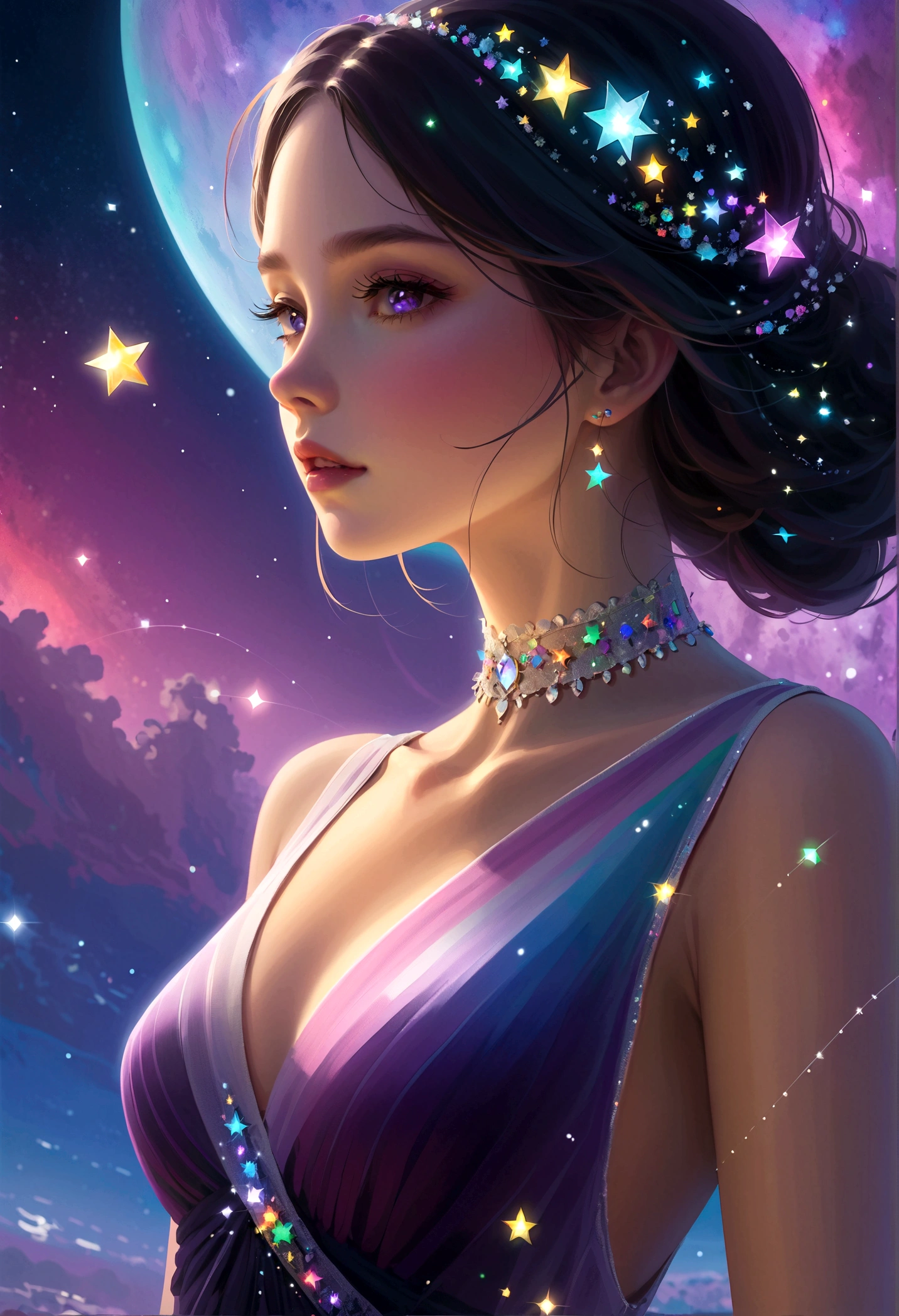 masterpiece, Cute girl, Break, Purple evening dress, High detail face, Upper Body, glare, Rainbow Colors, Global Illumination, Soft Light, Light of Dreams, number, 8K Close-up, fantasy, Night Sky, Star, nebula, White crystal, moonlight, peaceful, summer, (8K:1.1)