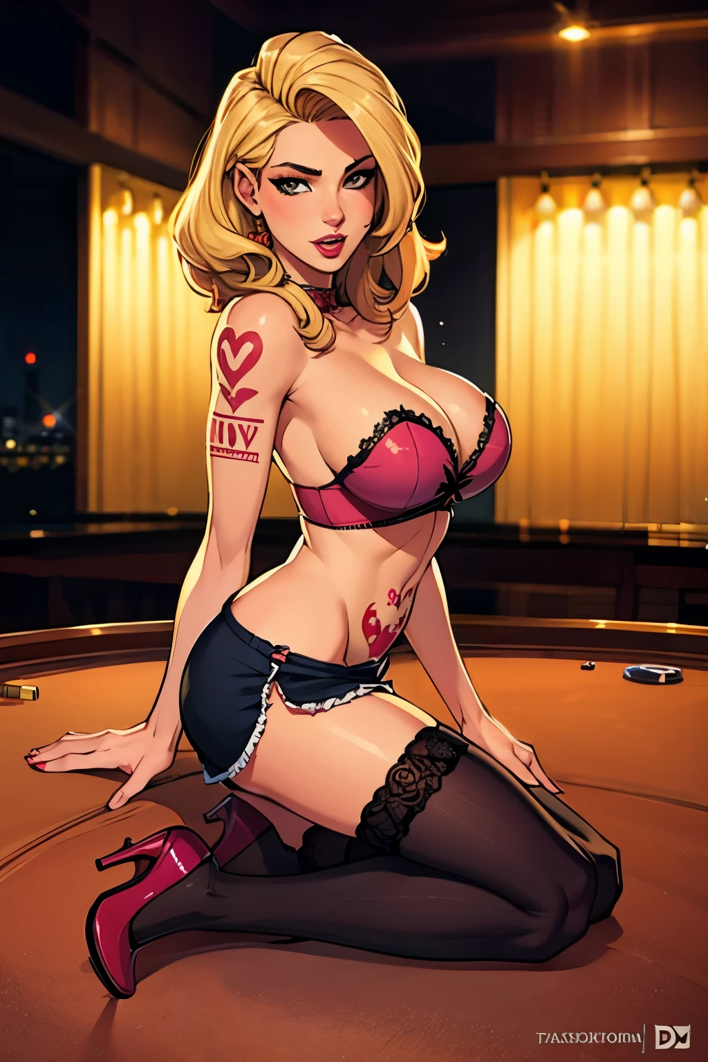 La mujer, camarera, waitress, medias, stockings, tacones, hig heels, casino al fondo, muy detallado, Realistic long-term photography., 4k, pelo largo, blonde hair, pelo rubio, By the chestnut, labios rosas, tatuaje, tatoo, leg tatoo, y,pink lips, grey eyes,ojos grises, bigechos grandessts, BlackRealSt