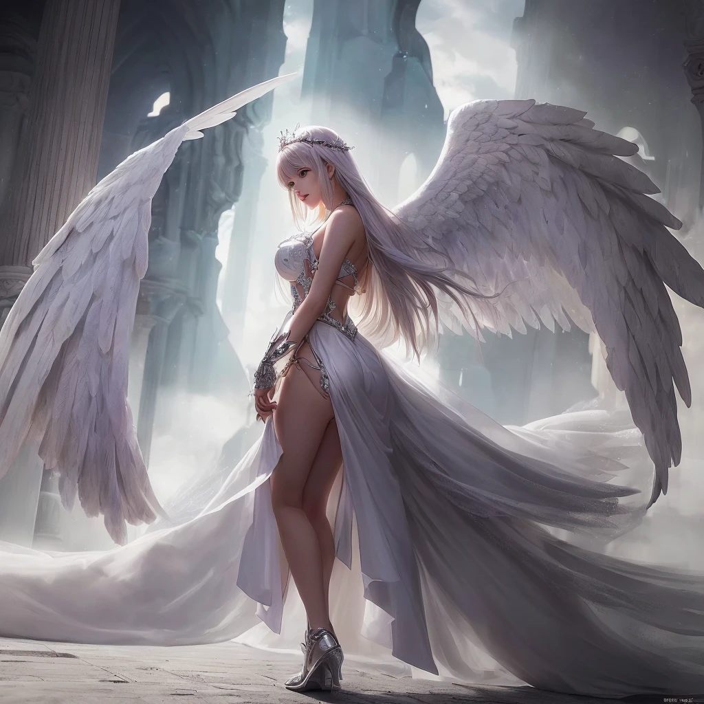 uma mulher de vestido branco segurando uma grande espada na chuva, garota anjo cavaleiro, Angel Knight Gothic Girl, ethereal fantasy, arte de fantasia de anime, Epic angel wings, belo anime de fantasia, Arte de fantasia detalhada, highly Arte de fantasia detalhada, epic anime art, anime fantasy illustration, de lindo anjo, por Yang J, anjo majestoso de corpo inteiro, breathtaking fantasy art