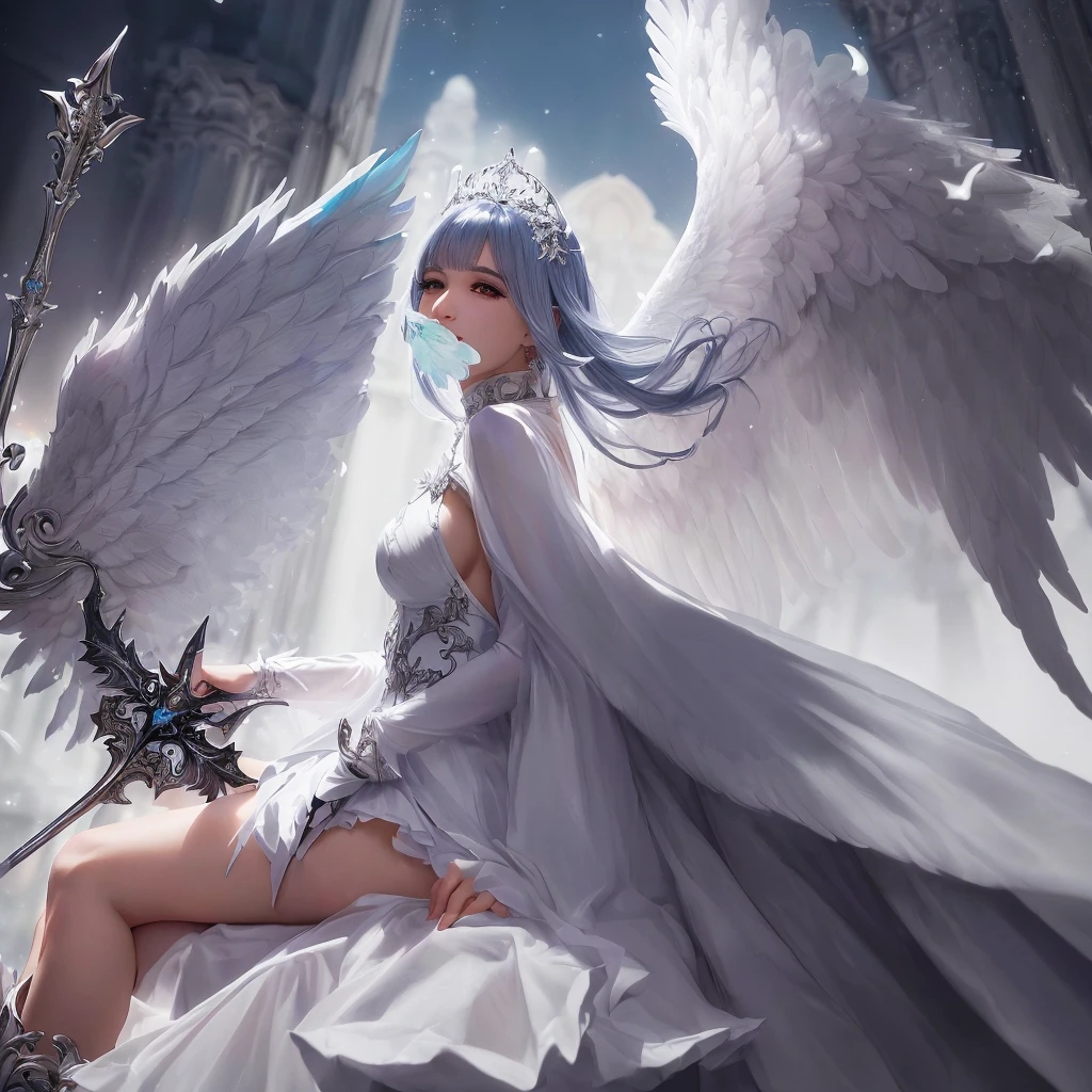 uma mulher de vestido branco segurando uma grande espada na chuva, garota anjo cavaleiro, Angel Knight Gothic Girl, ethereal fantasy, arte de fantasia de anime, Epic angel wings, belo anime de fantasia, Arte de fantasia detalhada, highly Arte de fantasia detalhada, epic anime art, anime fantasy illustration, de lindo anjo, por Yang J, anjo majestoso de corpo inteiro, breathtaking fantasy art