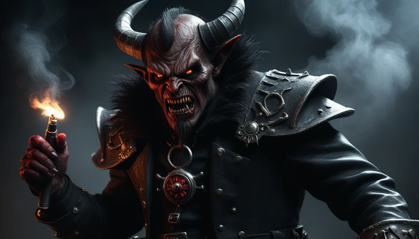 Close up shot of an realistic mad angry dark evil demon,holding a smoking gaitling gun, portrait photography,MASTERPIECE,  fantasy art, horror art,dark fantasy,typography, 3d render,bloody text “I HATE COPYCATS”