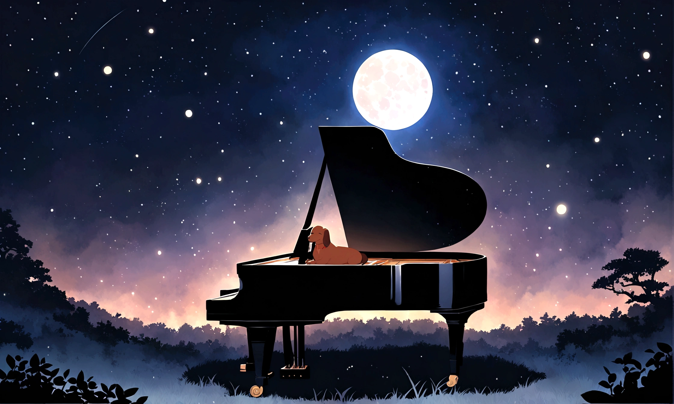 Create a Ghibli-inspired image featuring a small brown miniature dachshund sleeping peacefully. The dog is small in the scene, surrounded by vast, mystical nature. A grand piano is nearby, under a night sky filled with stars and a bright moon. The scenery is expansive and illuminated by soft moonlight, creating a serene and magical atmosphere