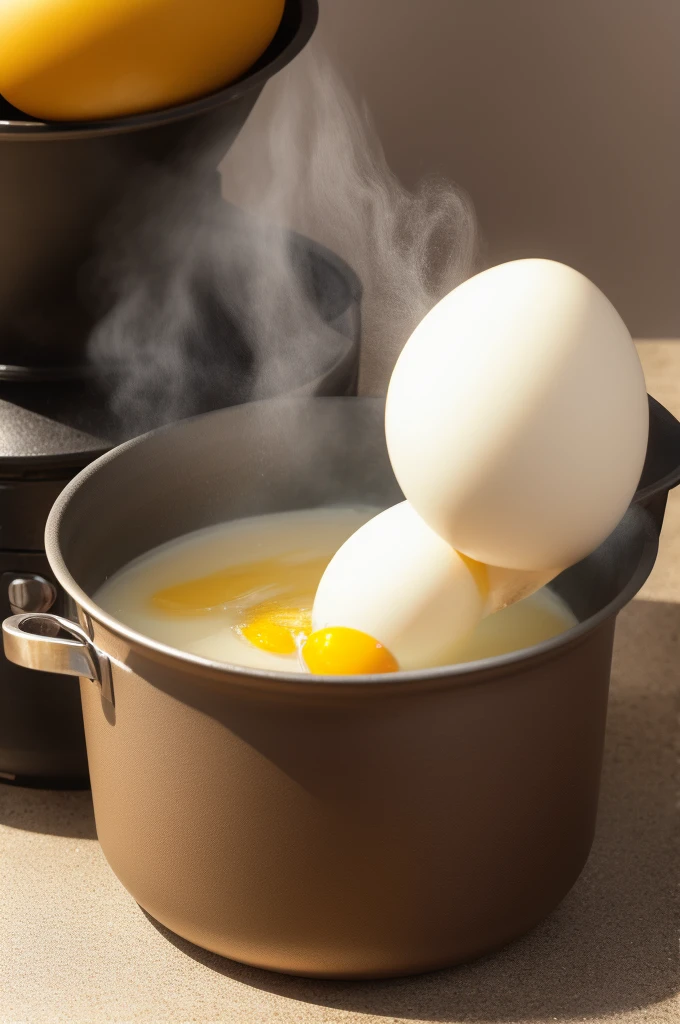 Boiling an egg in a pot. High quality, creating like a realistic picture.