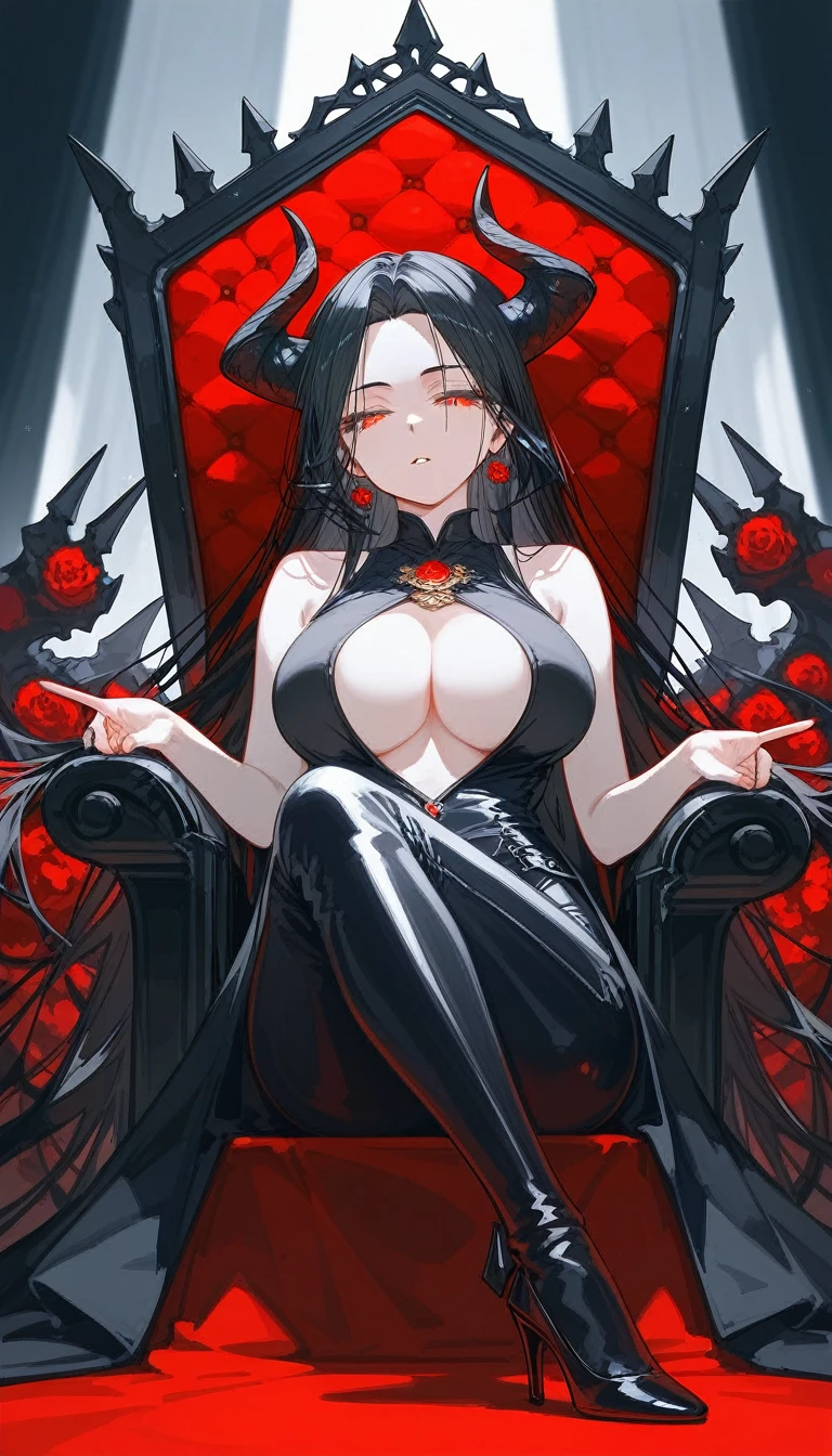 masterpiece, Score_9, Score_8_up, Score_7_up, front view, 1 woman, alone, black hair with red, long hair, parted bangs, dark red eyes, half-closed eyes, parted lips, expressionless, pale skin, large breasts, body suit, black bottom, best quality, horns up, long open bangs, black sleeveless shirt, black V-neck, red baggy pants, high heels, Sitting on a throne.