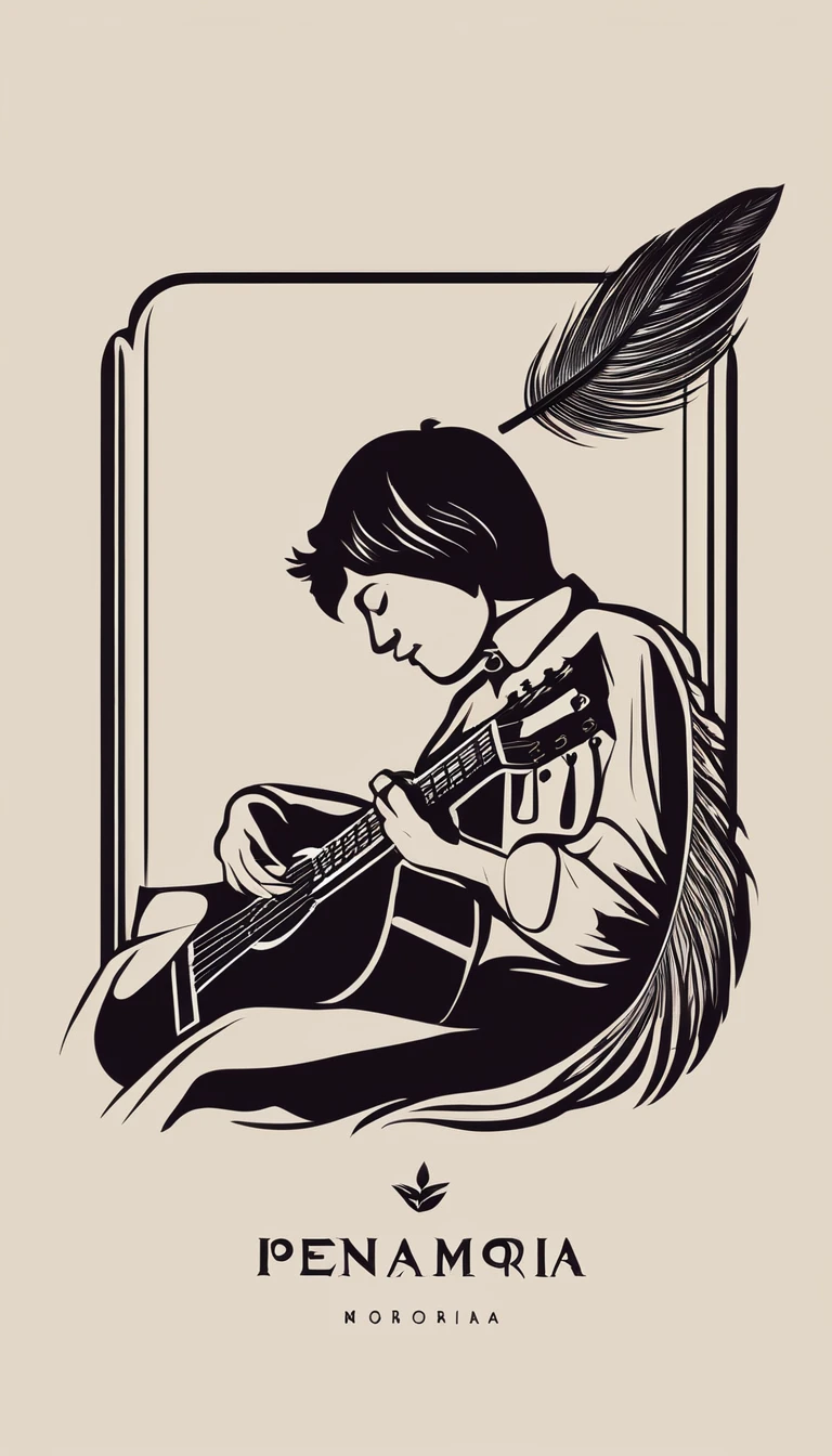 A minimal, modern, simple, cinematic logotype for the brand “Penamemoria". The logotype must be a simple, magical feather and a boy playing acoustic guitar. The logo must convey a sense of music, stories and dreams. Logo design impressed on a book cover. Minimalistic logo