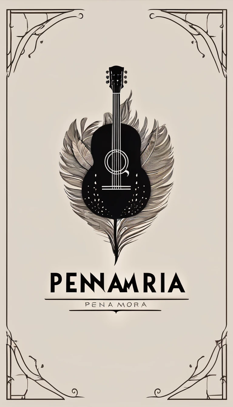 A minimal, modern, simple, cinematic logotype for the brand “Penamemoria". The logotype must be a simple, magical feather and a boy playing acoustic guitar. The logo must convey a sense of music, stories and dreams. Logo design impressed on a book cover. Minimalistic logo
