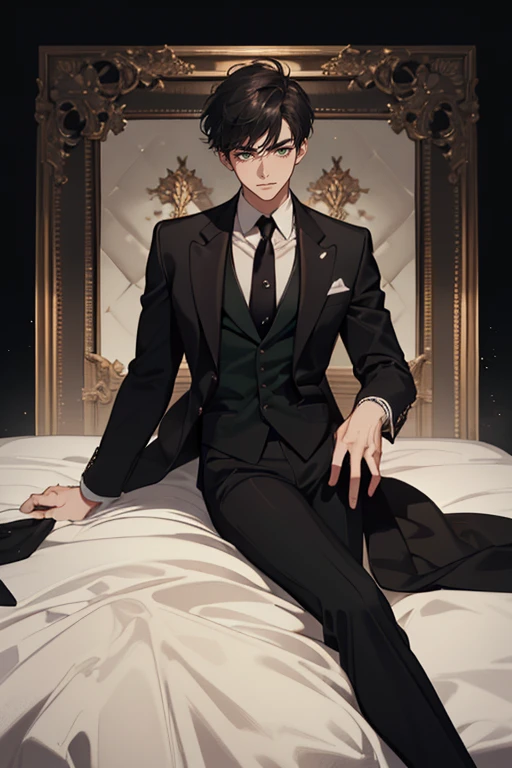 (Masterpiece, Best Quality, Ultra High Resolution , Digital Art,Beautiful and Aesthetic )Perfect proportions of the body , not an ordinary perspective . .the whole body is covered by clothes. (strict posture , One Fashionable adult WOMAN in modern men's suit, with a short oblique bob heircut, sexy figure, ) matte black color , lovely thin white but long tie , (silk thick threads of red color connect the necklines on the sides of the whole suit) , . The character sits on a large massive sofa with lots of leather , an interesting and atmospheric pose that characterizes the character ,(Photorealistic style combined 2.5D . realistic anatomy , beautiful perspective . Best image quality , pastel color , focus on the face , Big Hair ( black with red gelding ) , well detailed eyes , detailed background in modern boudoir style . )