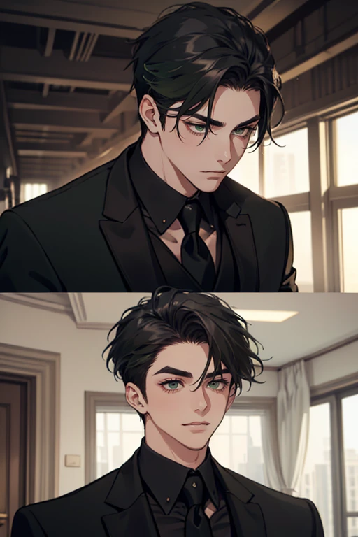 ((a young man in a black suit and tie)), taken in the early 2020s, gotham, alejandro, he looks very sophisticated, (((left side swept bang black short hair))), (dark green eyes and thick eyebrows), smirk. ((20 years old)), ((Black suite and black tie)), masterpiece, posture dynamic, one person