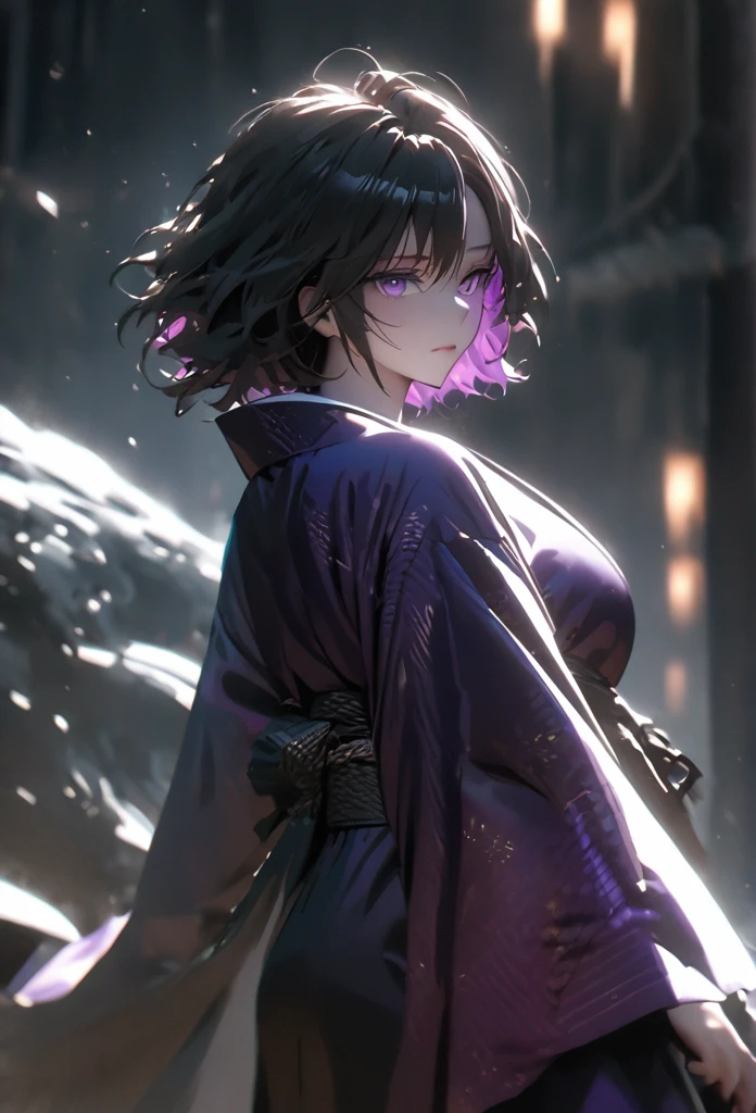 (solo), pitch black hair, messy hair, mane hair, short hair, dense hair, wild hair, expressive hai,(25 year old), pale skin, ((Female)), purple eyes, beautiful girl, wearing a black and purple kimono, beautiful, attractive, huge breast, medium ass, Yin, eye reflection, depth of field, thunder aura, cinematic lighting, ray tracing, depth of field, cinematic lighting, ray tracing, UHD, high details, best quality, highres, high quality, award winning, super detail, masterpiece, 8k, UHD, high details, best quality, highres, high quality, award winning, super detail, masterpiece, 8k, digital art, anime coloring, body shot, good face, perfect face, detailed face, good eyes. The background is space. A blackhole in the background.