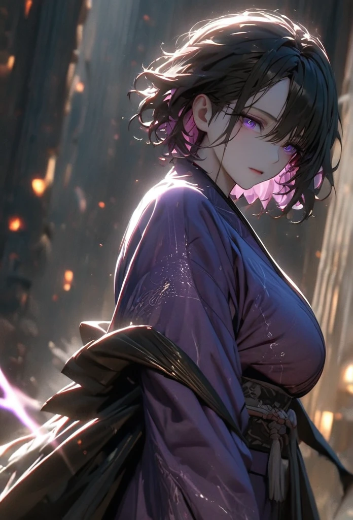 (solo), pitch black hair, messy hair, mane hair, short hair, dense hair, wild hair, expressive hai,(25 year old), pale skin, ((Female)), purple eyes, beautiful girl, wearing a black and purple kimono, beautiful, attractive, huge breast, medium ass, Yin, eye reflection, depth of field, thunder aura, cinematic lighting, ray tracing, depth of field, cinematic lighting, ray tracing, UHD, high details, best quality, highres, high quality, award winning, super detail, masterpiece, 8k, UHD, high details, best quality, highres, high quality, award winning, super detail, masterpiece, 8k, digital art, anime coloring, body shot, good face, perfect face, detailed face, good eyes. The background is space. A blackhole in the background.