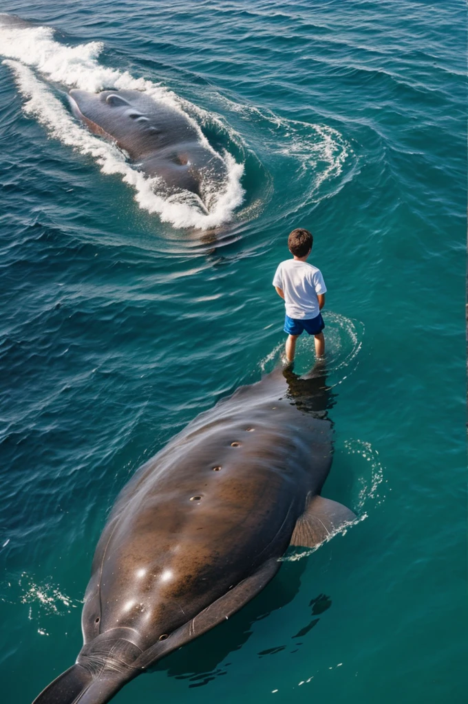 A boy with brown hair on the back of a blue whale, bajo el agua viendo las maravillas del mar
