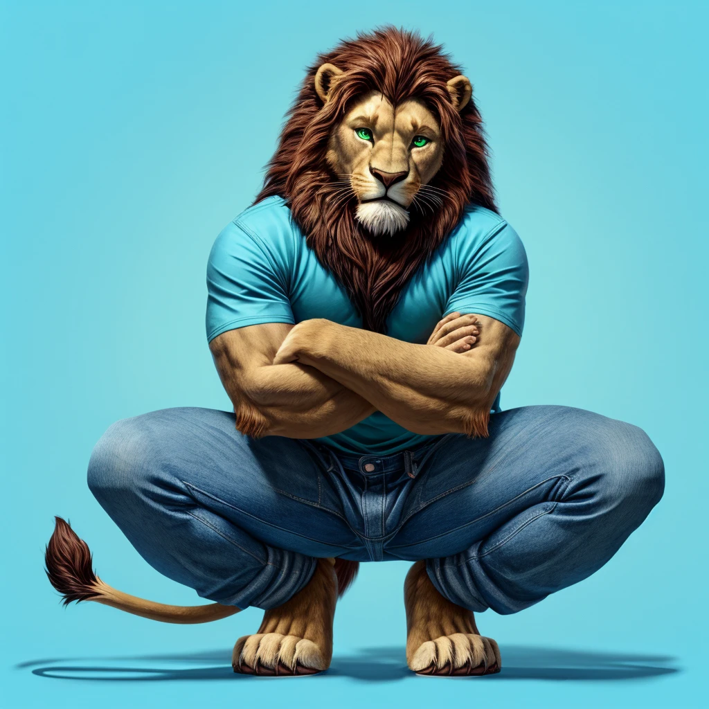 Male lion furry squat pose legs open look front blue pink background green eyes blue pink background jeans and blue shirts tail