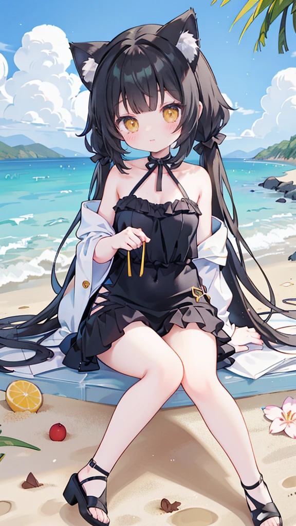 Anime girl sitting on the beach with cat ears erect, seductive anime girl,has black hair,Yellow eyes, , Beautiful anime girl, Cute anime girl, Anime cute art style, Cute anime waifu wearing black swimsuit, very Beautiful anime cat girl, at the beach, beautiful anime girl, Beautiful anime, Beautiful anime catgirl, Charming anime girl,have beautiful legs,Wearing black strappy high heels
