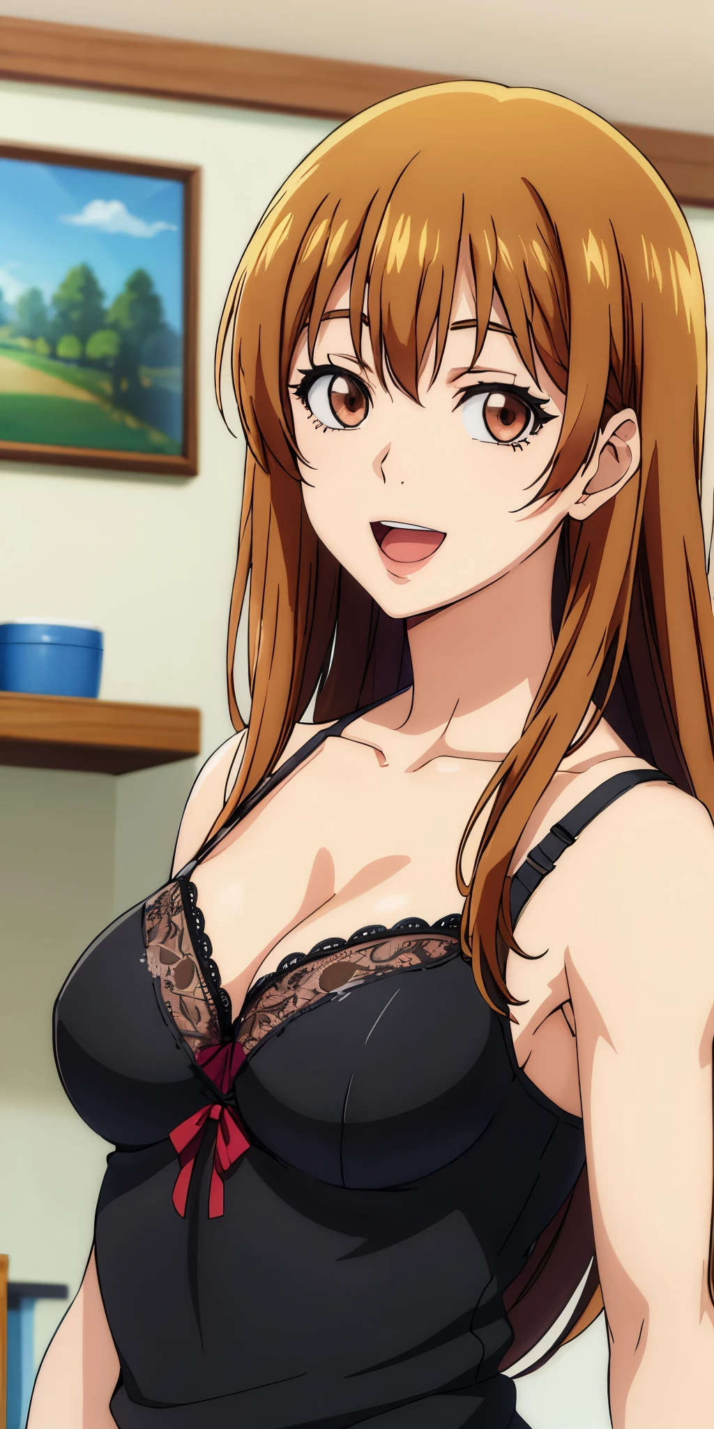 Medium breasts , black bra,best quality, (masterpiece:1.2), highly detailed, street,
1girl,  kotegawa nanaka, looking at viewer, slight smile, open mouth, brown eyes, long hair, indoor, room, bedroom, wardrobe, close up, black dress 