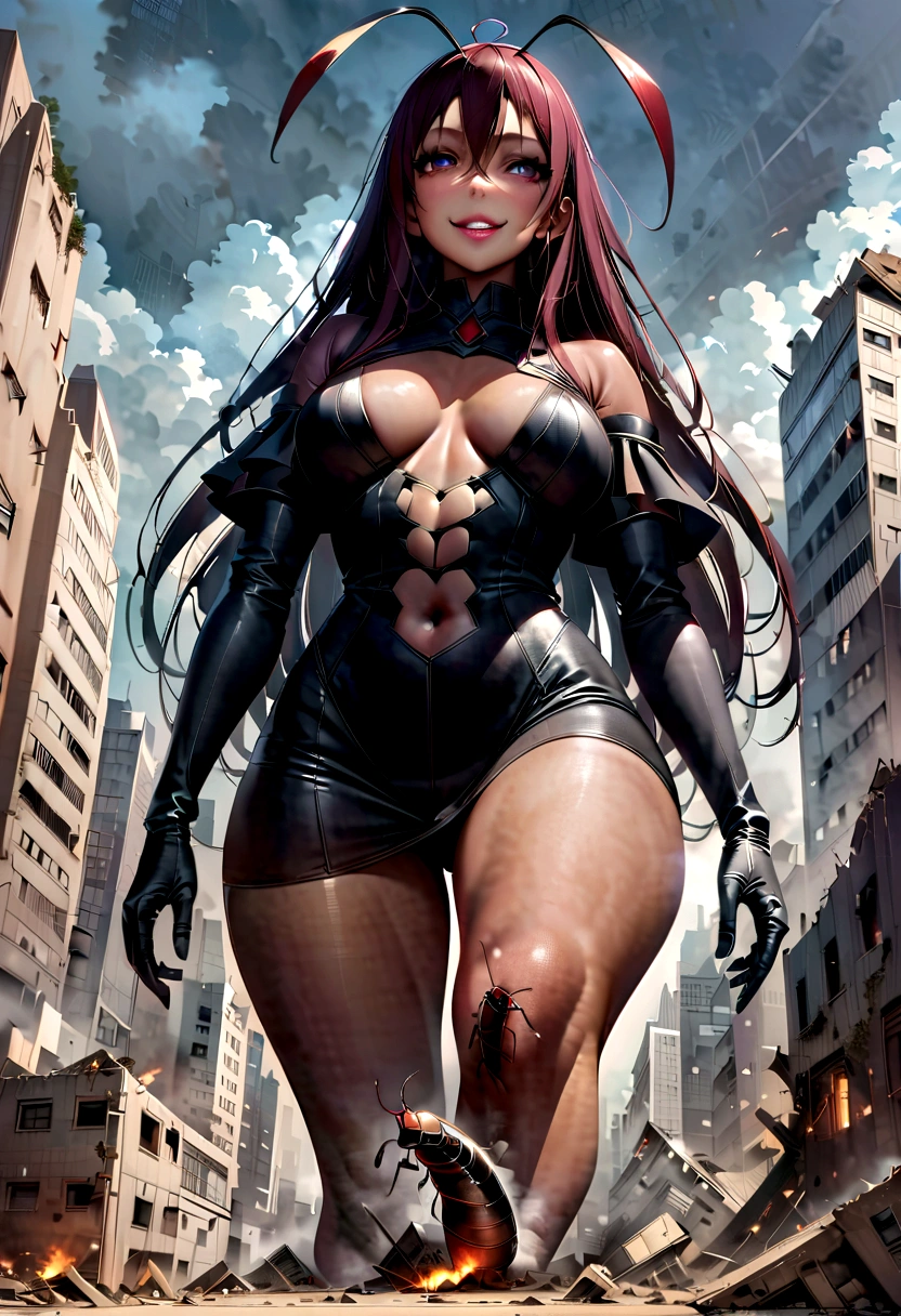 Low angle of feet、Giant hands crushing buildings、Long legs、A giant face looks down、destroyed ground、lots of building、female、giant cockroach、Anthropomorphic cockroach、Looking up from the feet、whole body、female、Make women bigger、Giant娘、giantess、Realistic、Cute face、歩くGiant宇宙人女性、masterpiece、Highest quality、Very detailed、Detailed body、Detailed face、Narrow eyes、Giant black skinned woman、Giant、Head with antennae、smile、Giant娘に破壊される小さな街、街を蹂躙するGiant娘、Smoke-filled city、rubble、Gloomy Weather、Scary atmosphere、Real Anime、Real Animeスタイル、whole body図、Portrait、Walking towards here、The fugitive々、Anatomically correct、