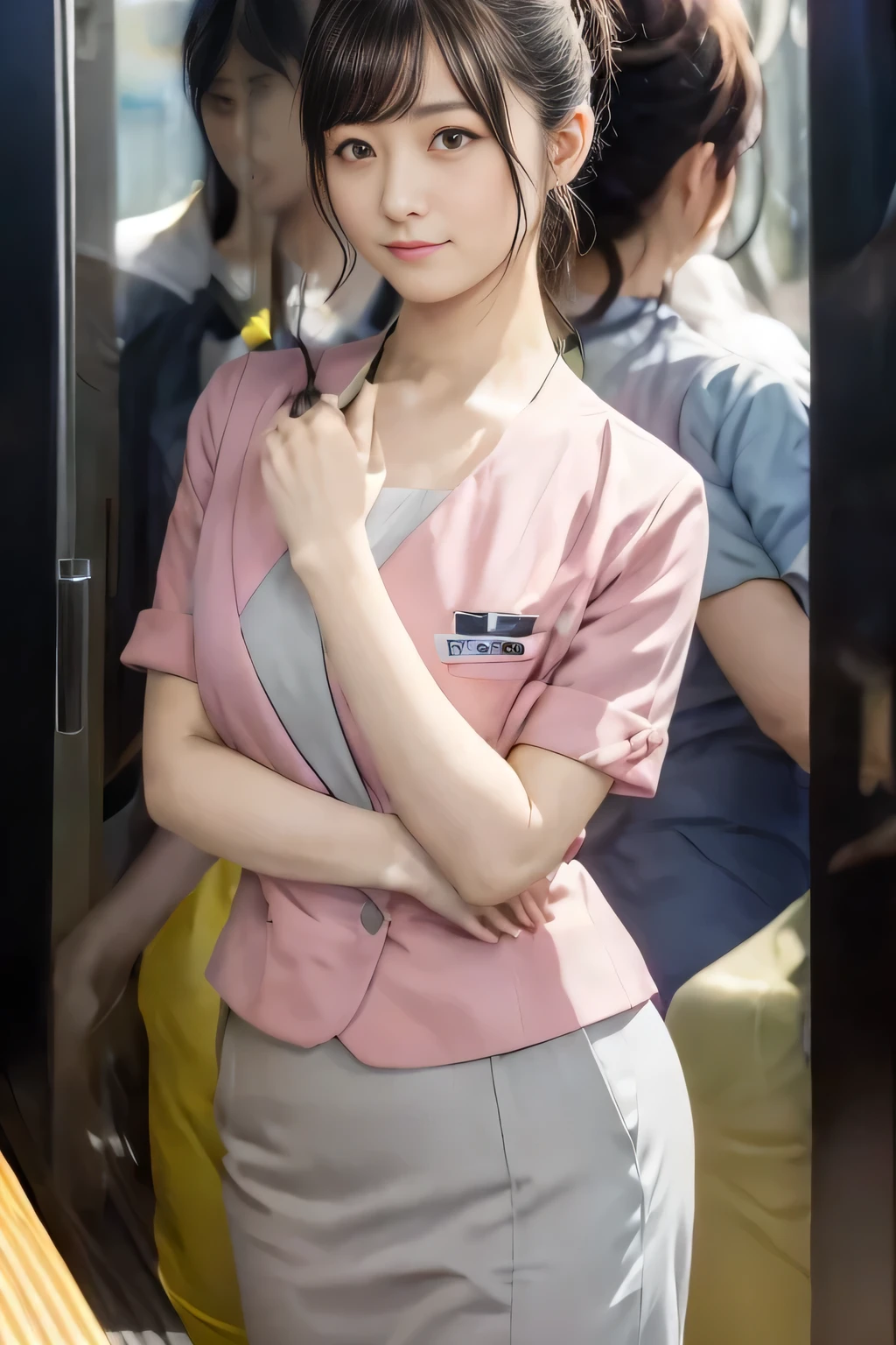 (masterpiece:1.2, Highest quality:1.2), 32K HDR, High resolution, (alone、1 girl)、 (Height: 160cm)、（On the rooftop of a building in the daytime、Professional Lighting）、Building rooftop background、（Nankai train crew uniform pinkを着たリアルスタイル）、（Nankai train crew uniform pink short sleeve collarless pink jacket、Nankai Train Crew Uniform Pink Collarless Short Sleeve Blouse、Nankai Train Crew Uniform Pink Grey Knee-length Culottes）、Dark brown hair、（Hair tied up、Hair tied up、Evening curly hairstyle）、Dark brown hair、Long Shot、Big Breasts、Thin legs、（（Great hands：2.0）），（（Harmonious body proportions：1.5）），（（Normal limbs：2.0）），（（Normal finger：2.0）），（（Delicate eyes：2.0）），（（Normal eyes：2.0））)、smile、（Nankai Train Crew Uniform Pink Grey Knee-length Culottesを見せた美しい歩く姿）、Place your hands around your stomach、Lanyard employee ID card