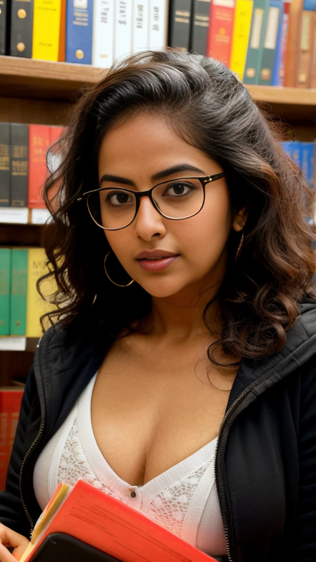 extreme closeup photo of ntg avika gor seductive look, deep cleavage, studying in library, nerd glasses, open jacket,