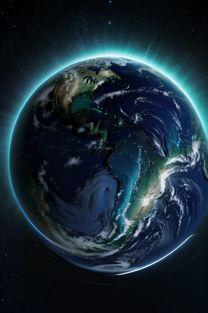 digital illustration featuring Earth viewed from space, enveloped by a network of interconnected lines forming a geometric grid. The Earth should be depicted with realistic details, showcasing continents and oceans. The background should be a dark, star-filled expanse with a bluish hue, creating a sense of depth and vastness. Incorporate a futuristic, holographic interface overlaying the scene, with circular patterns and glowing elements to emphasize a high-tech, sci-fi aesthetic. The overall mood should be mysterious and awe-inspiring, highlighting the beauty and complexity of our planet in the context of advanced technology.